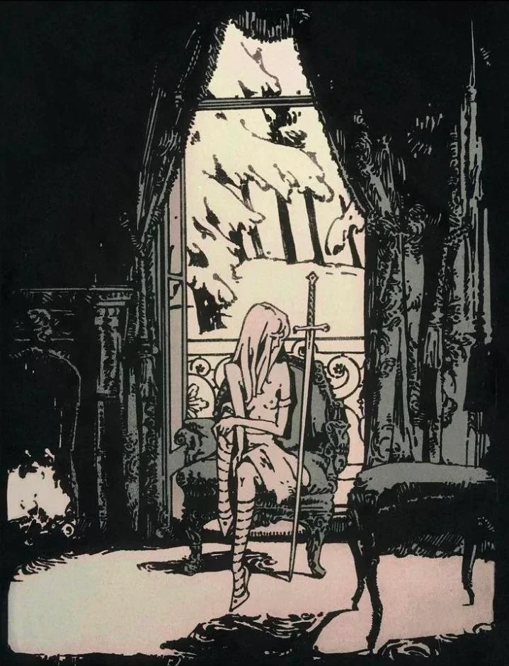 Depressed girl sitting in plush chair looking at sword next to her. Behind her, a window shows it's winter in a forest with snow falling.