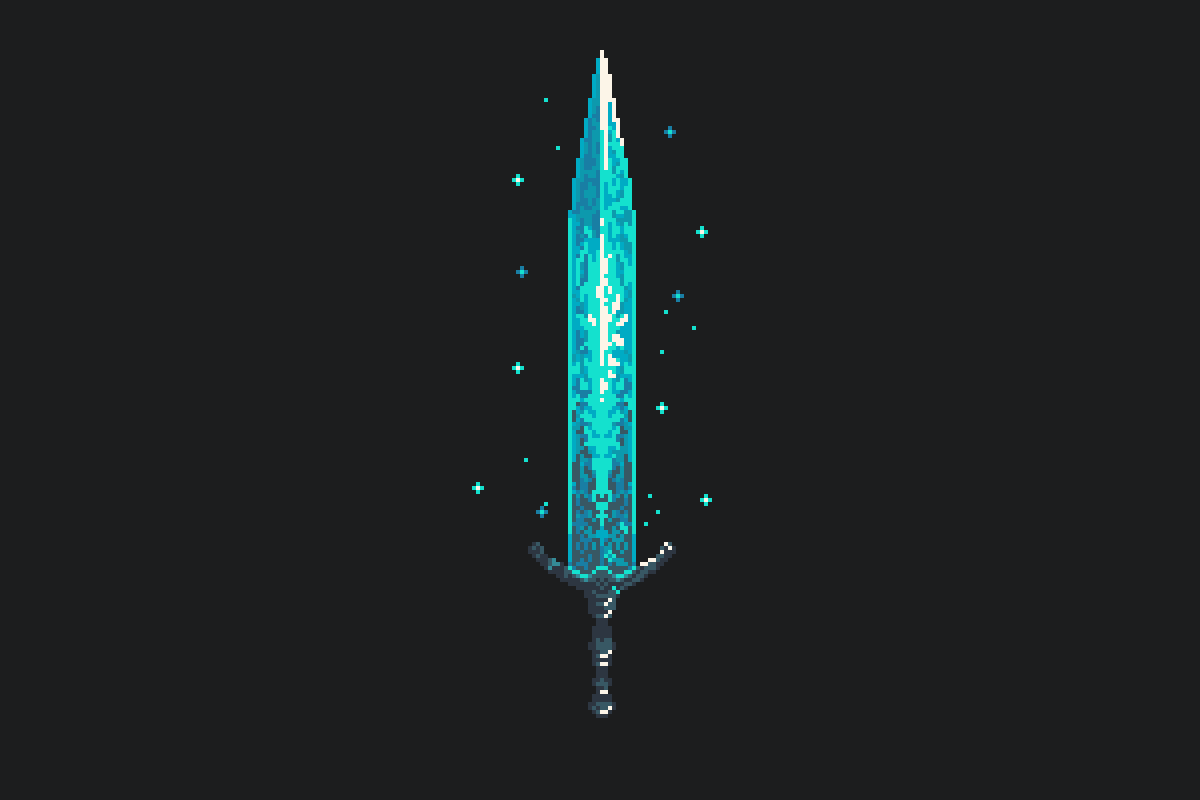 Shining blue sword with swirling and sparkling light.